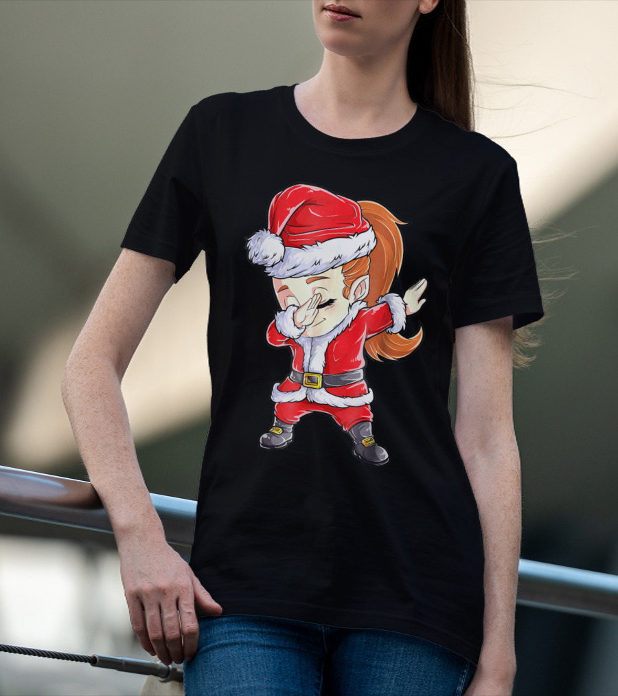 Dabbing Santa Christmas Girls Red Suit White Fur Black Boots T-Shirt