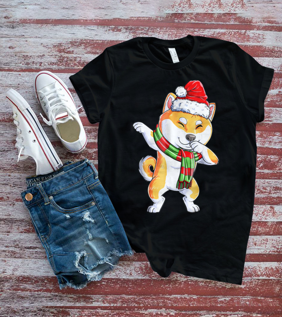 Dabbing Shiba Inu Santa Christmas Scarf Dance T-Shirt