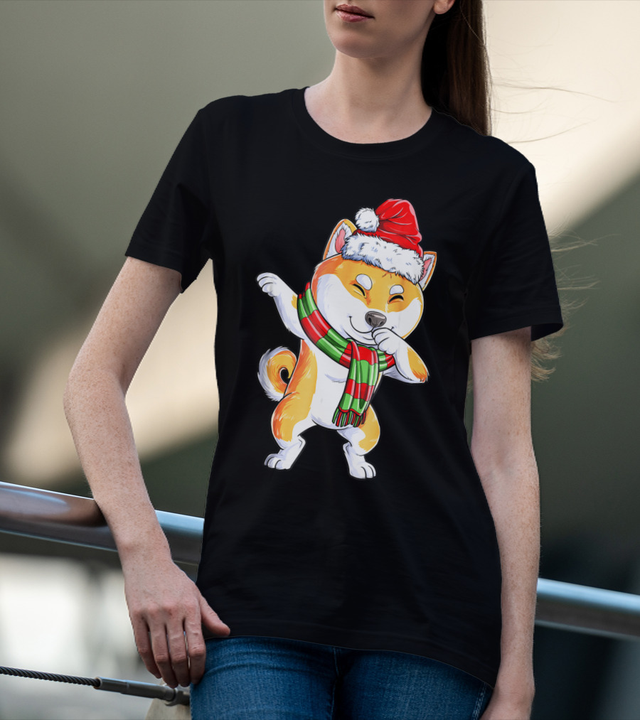 Dabbing Shiba Inu Santa Christmas Scarf Dance T-Shirt