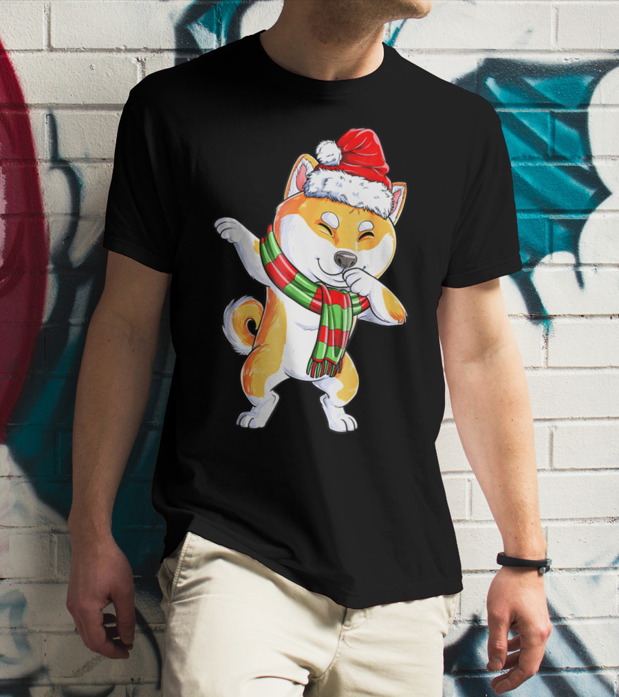 Dabbing Shiba Inu Santa Christmas Scarf Dance T-Shirt