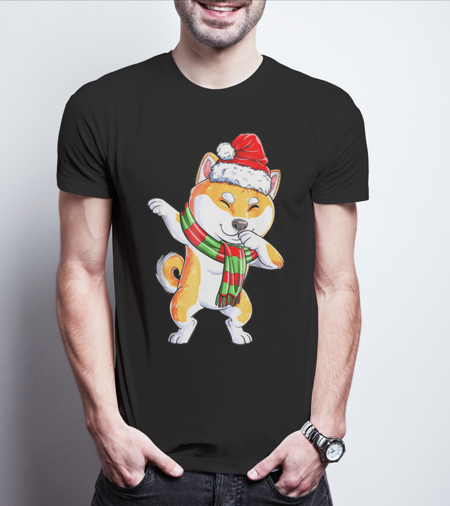 Dabbing Shiba Inu Santa Christmas Scarf Dance T-Shirt