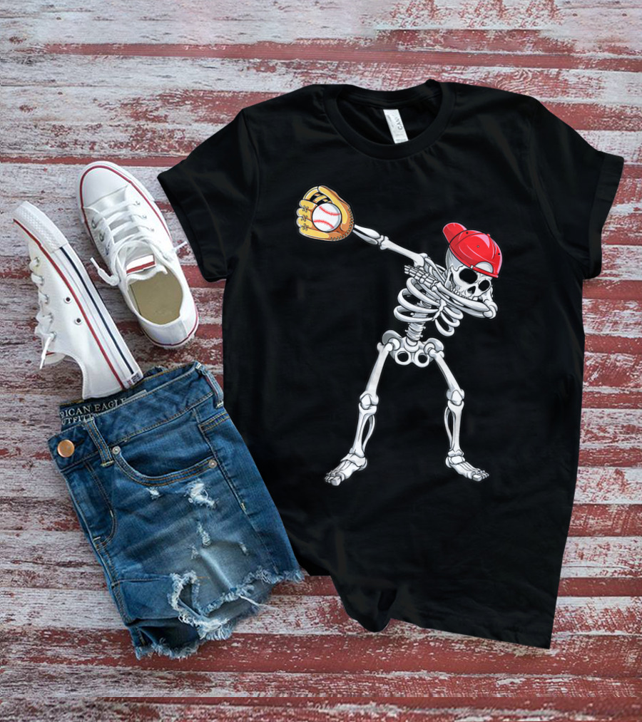 Dabbing Skeleton Baseball Halloween Boys Red Hat T-Shirt