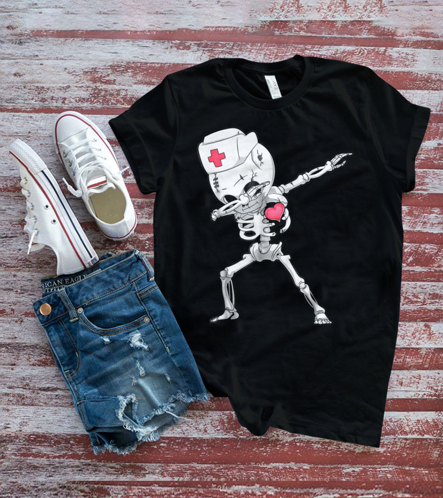 Dabbing Skeleton Nurse Xray Heart Halloween Dab T-Shirt