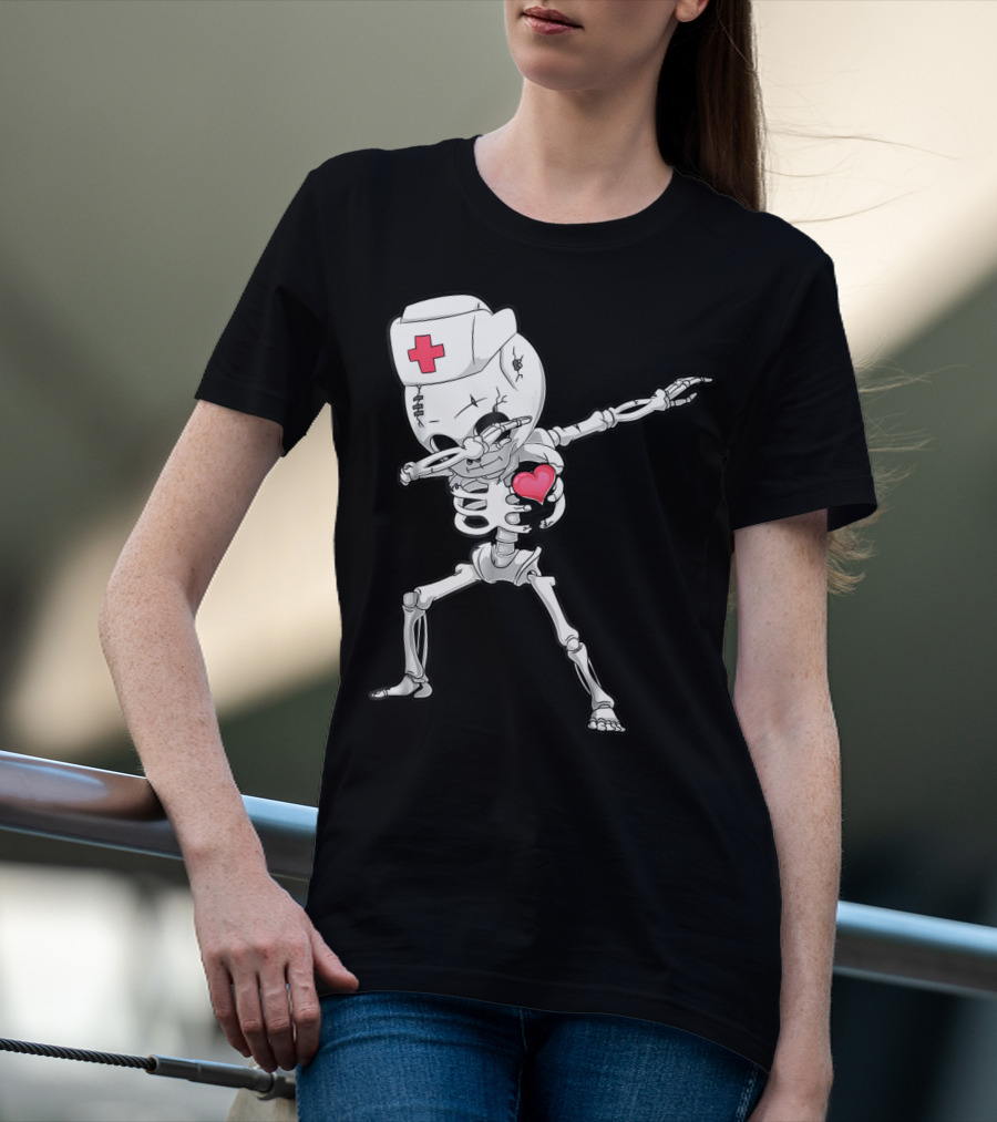 Dabbing Skeleton Nurse Xray Heart Halloween Dab T-Shirt