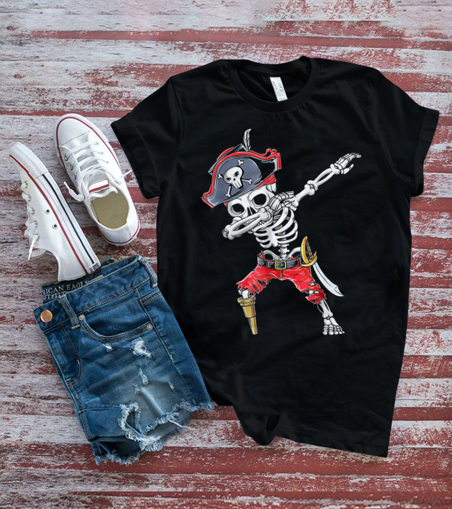 Dabbing Skeleton Pirate Kids Halloween Jolly Roger T-Shirt
