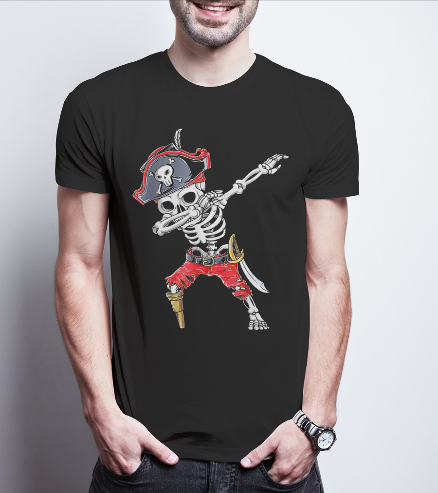 Dabbing Skeleton Pirate Kids Halloween Jolly Roger T-Shirt