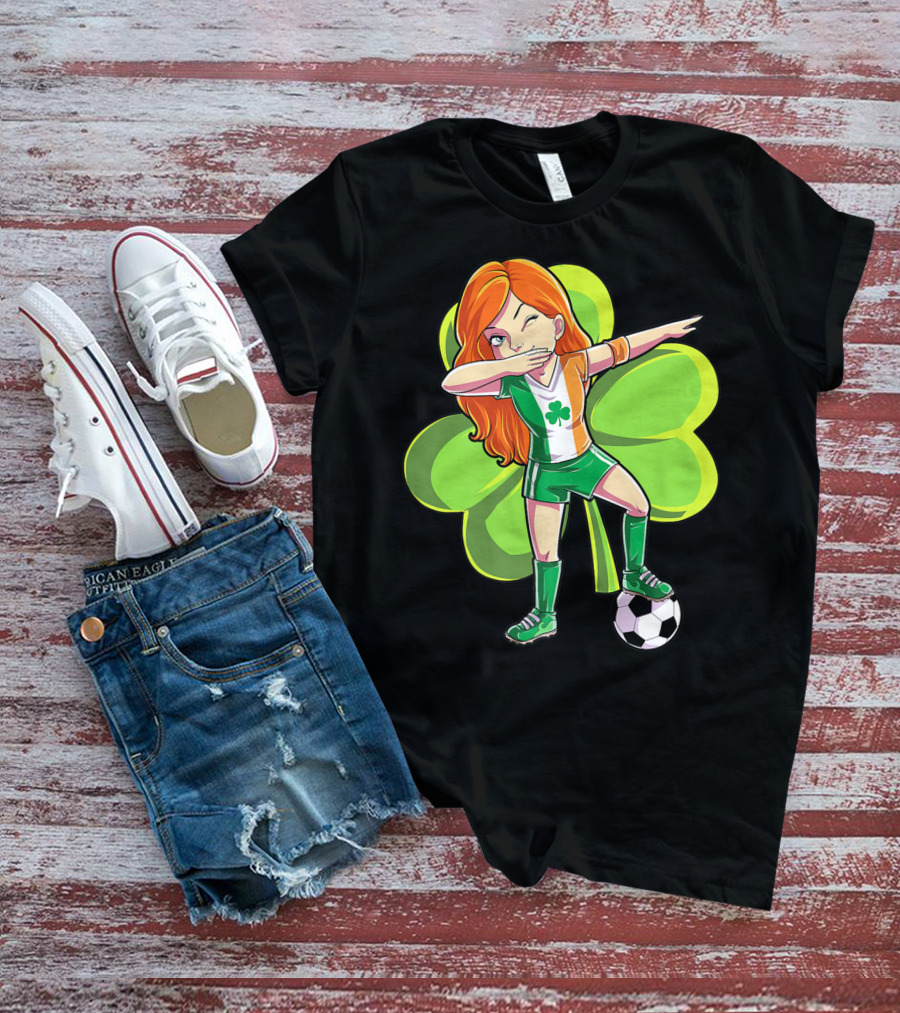 Dabbing Soccer Girl St Patricks Day Irish Shamrock T-Shirt
