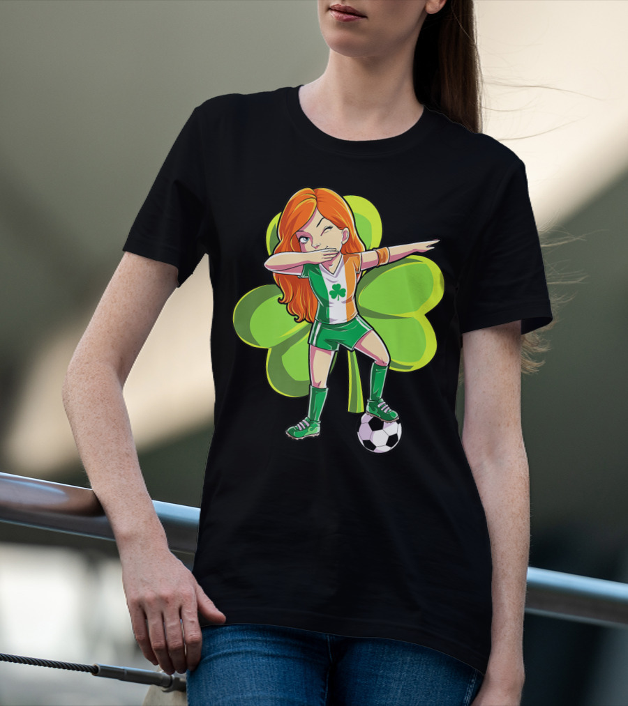 Dabbing Soccer Girl St Patricks Day Irish Shamrock T-Shirt