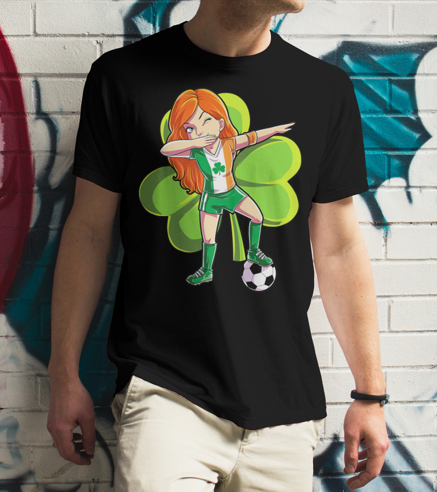 Dabbing Soccer Girl St Patricks Day Irish Shamrock T-Shirt