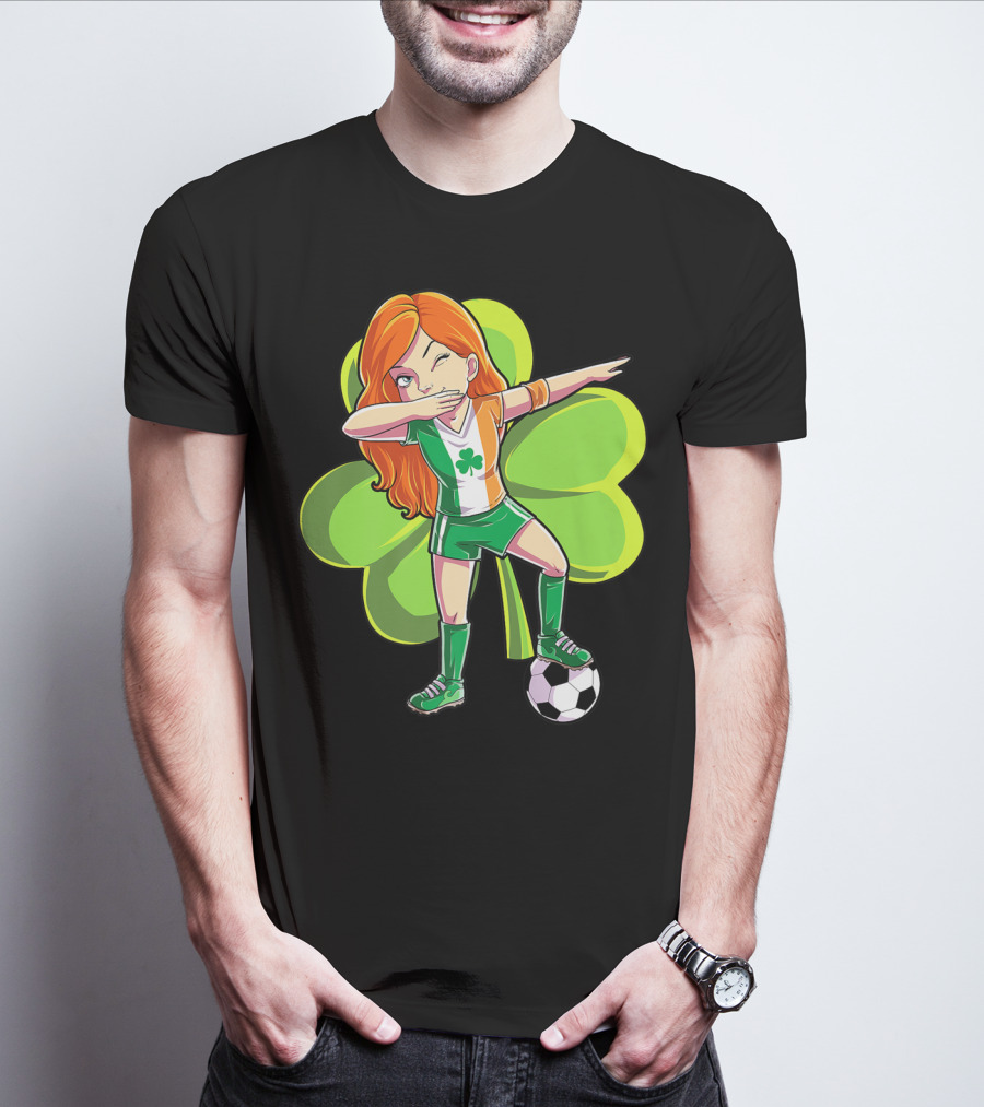 Dabbing Soccer Girl St Patricks Day Irish Shamrock T-Shirt