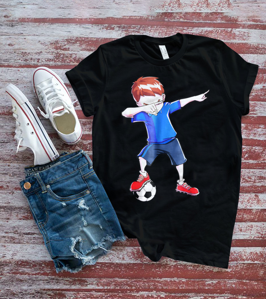 Dabbing Soccer Dab Funny Football Kid In Blue Shirt And Red Shoes T-Shirt