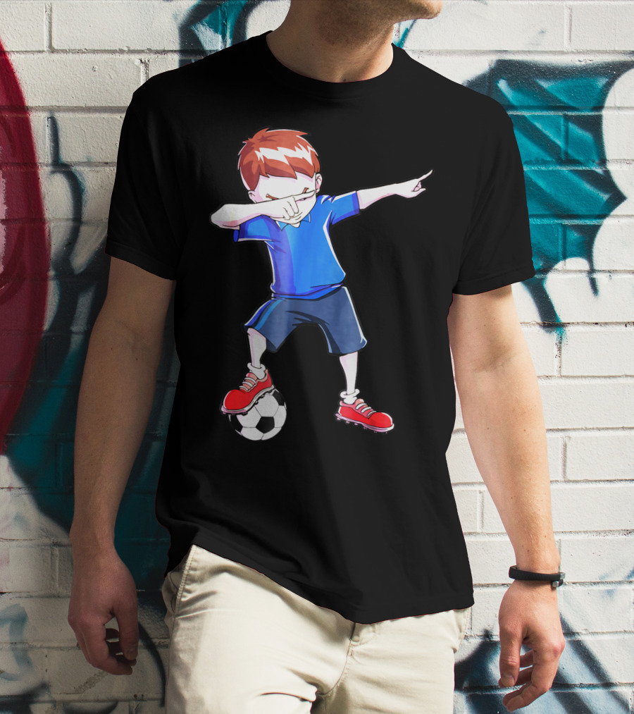 Dabbing Soccer Dab Funny Football Kid In Blue Shirt And Red Shoes T-Shirt