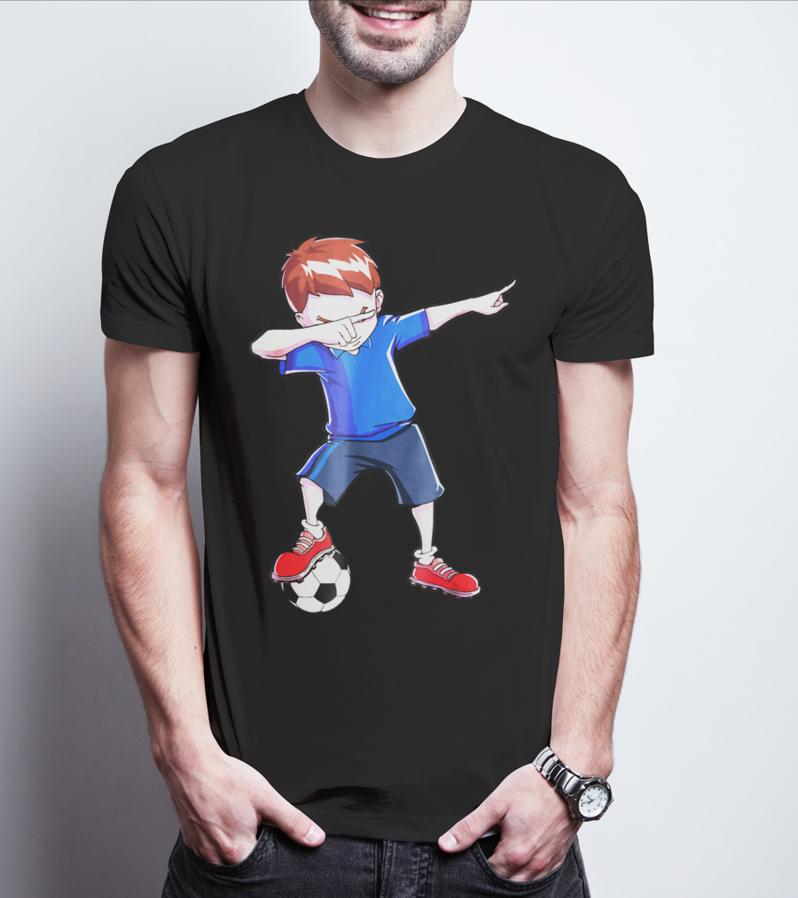 Dabbing Soccer Dab Funny Football Kid In Blue Shirt And Red Shoes T-Shirt