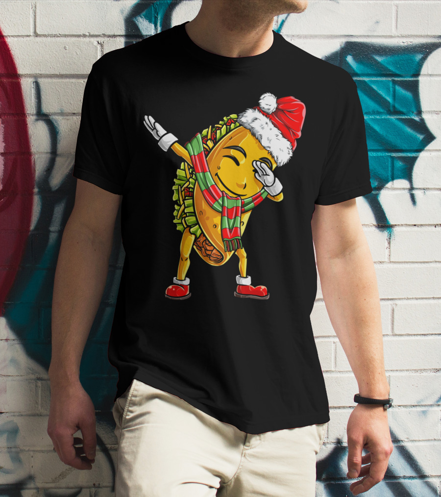 Dabbing Santa Taco With Christmas Hat And Scarf T-Shirt
