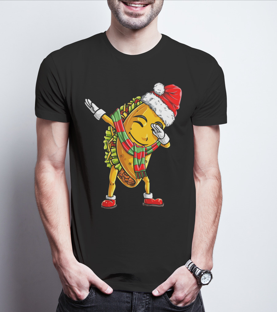 Dabbing Santa Taco With Christmas Hat And Scarf T-Shirt