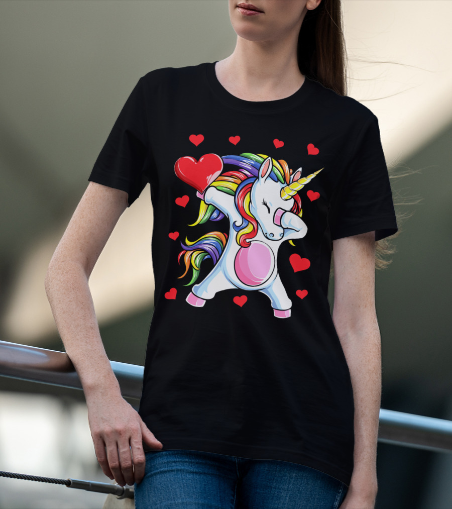 Valentines Day Dabbing Unicorn With Heart And Rainbow Mane T-Shirt