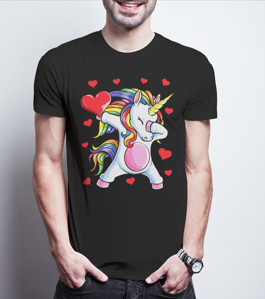 Valentines Day Dabbing Unicorn With Heart And Rainbow Mane T-Shirt