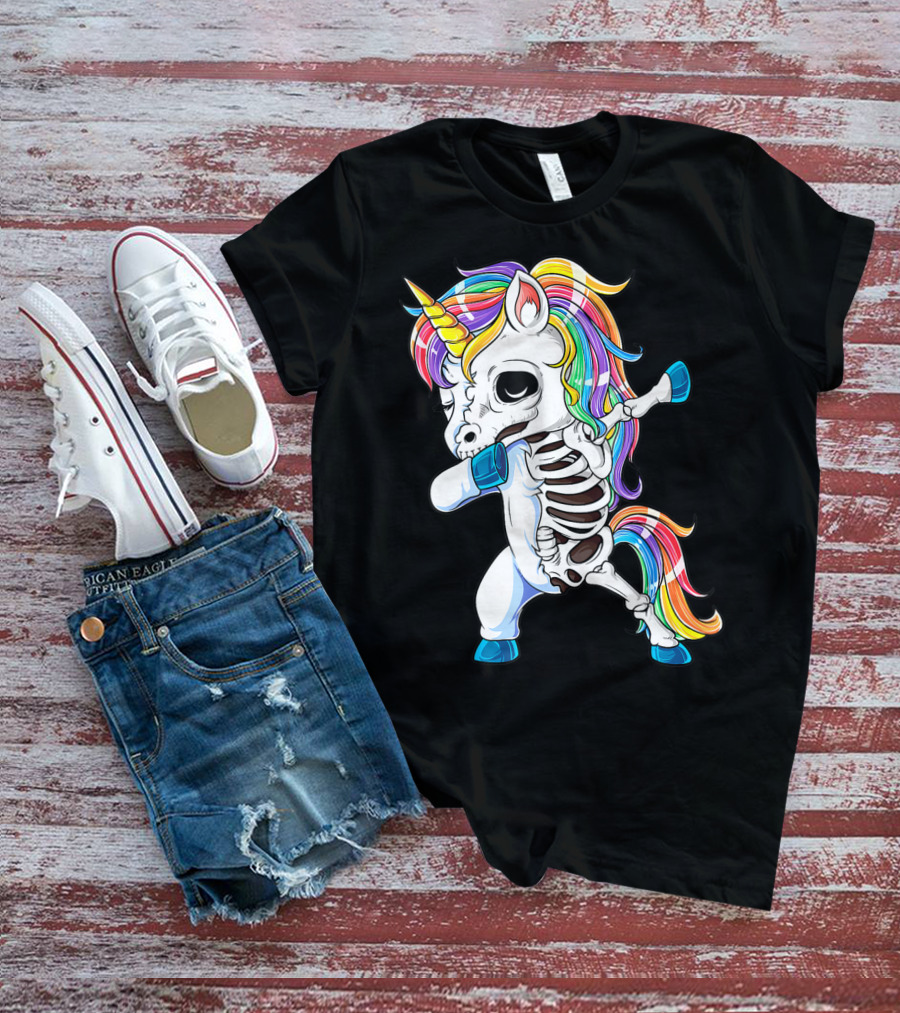Dabbing Unicorn Skeleton Halloween Girls Dab Rainbow T-Shirt