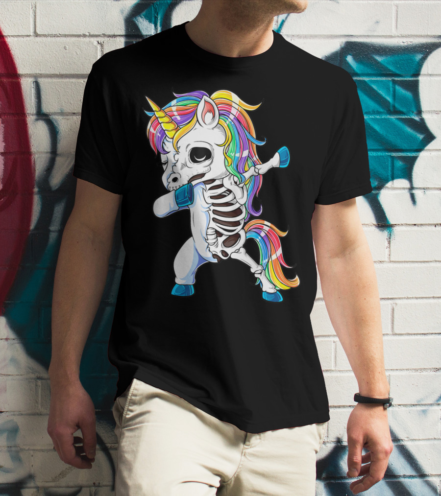 Dabbing Unicorn Skeleton Halloween Girls Dab Rainbow T-Shirt