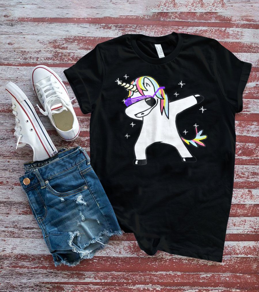 Dabbing Rainbow Unicorn With Sunglasses And Stars T-Shirt