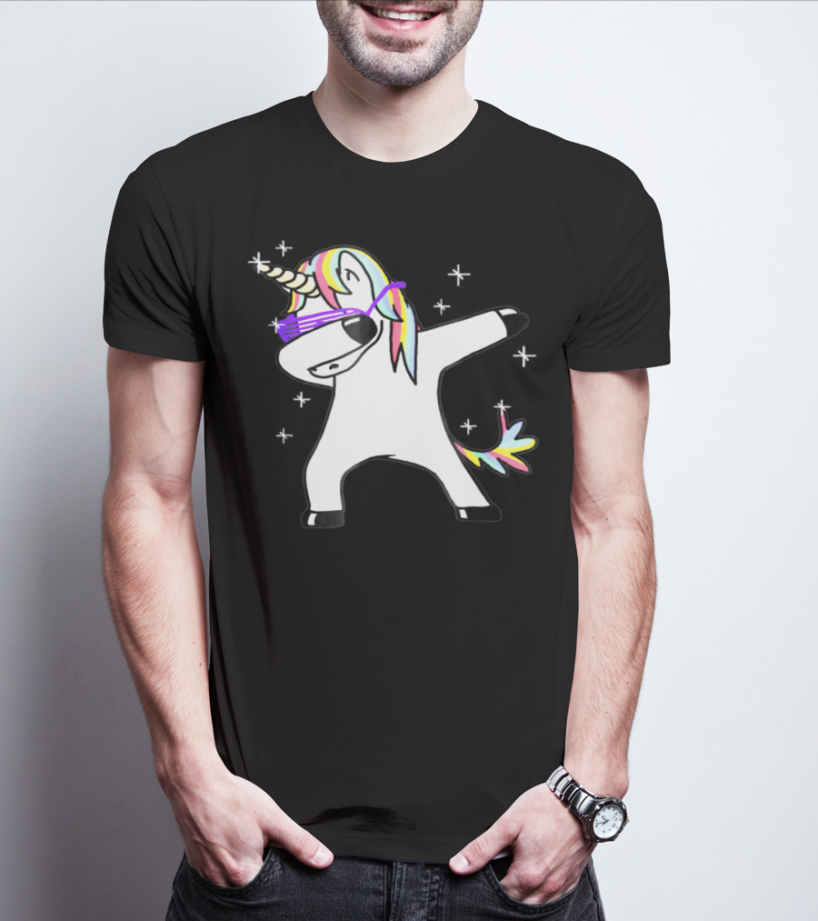Dabbing Rainbow Unicorn With Sunglasses And Stars T-Shirt
