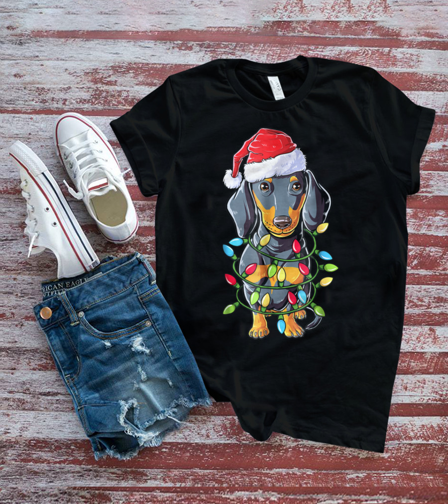 Dachshund Christmas Dog Wrapped In Santa Hat And Xmas Tree Lights T-Shirt
