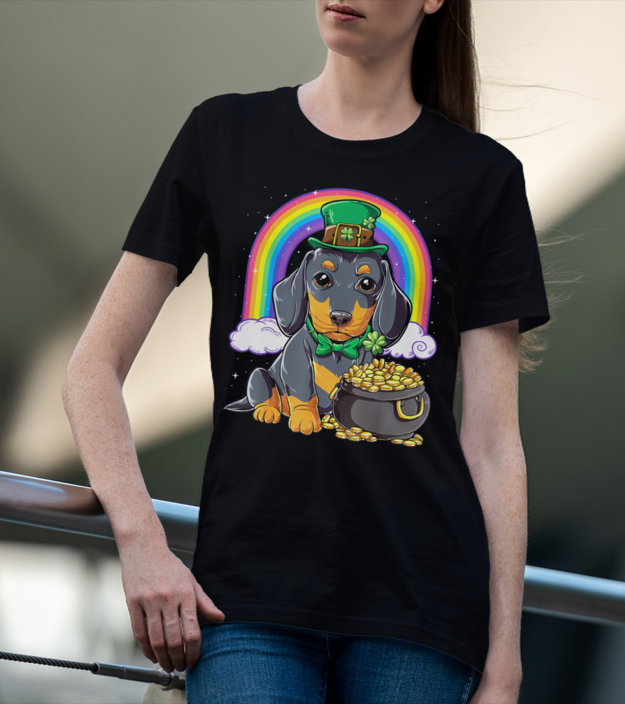 Dachshund St Patricks Day Leprechaun Rainbow Pot Of Gold T-Shirt
