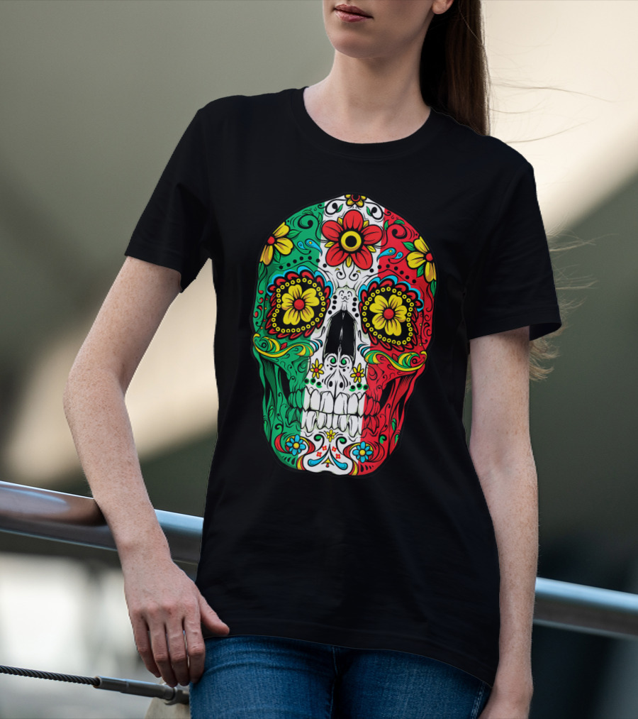 Day Of The Dead Sugar Skull Mexican Flag Flowers Colorful T-Shirt