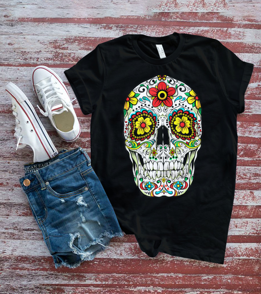 Day Of The Dead Sugar Skull Colorful Flowered Design Cinco De Mayo T-Shirt