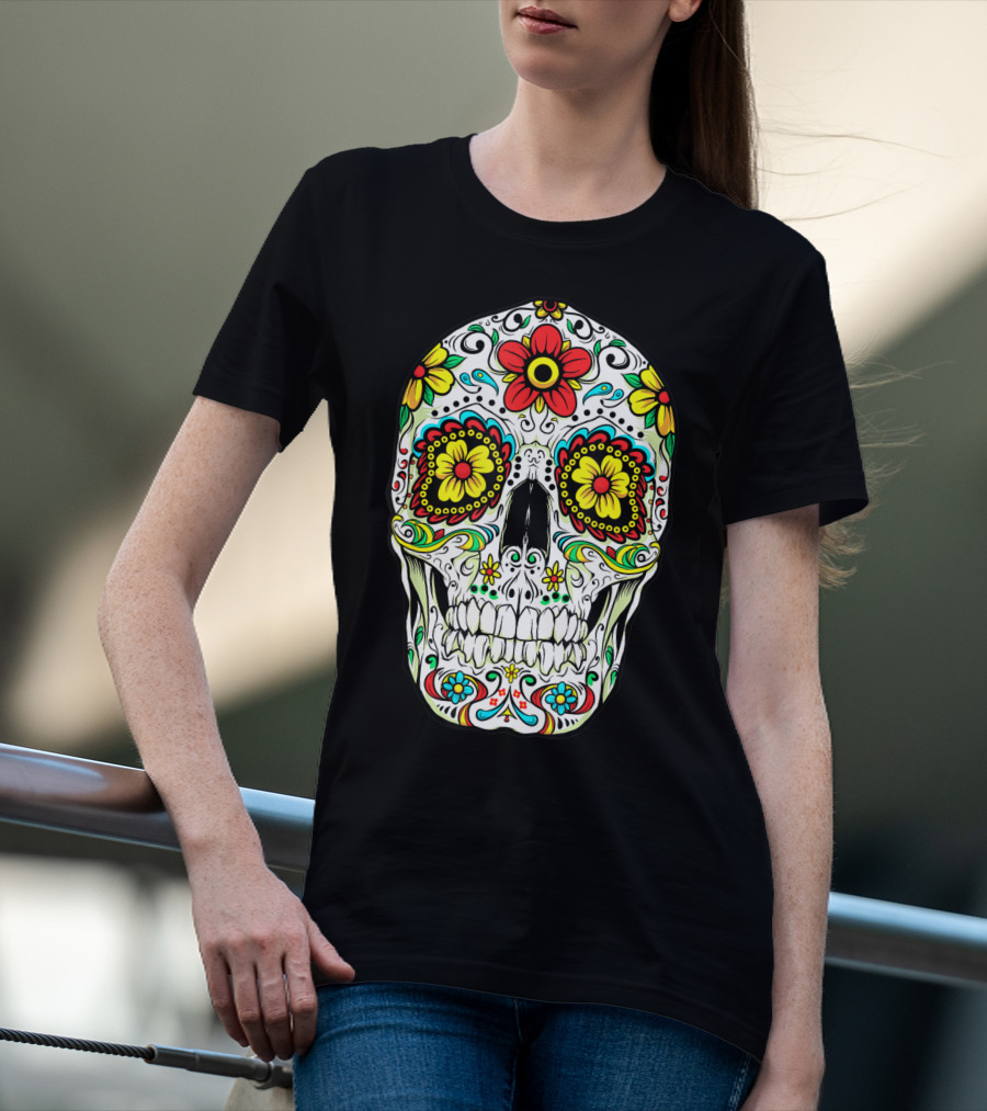 Day Of The Dead Sugar Skull Colorful Flowered Design Cinco De Mayo T-Shirt