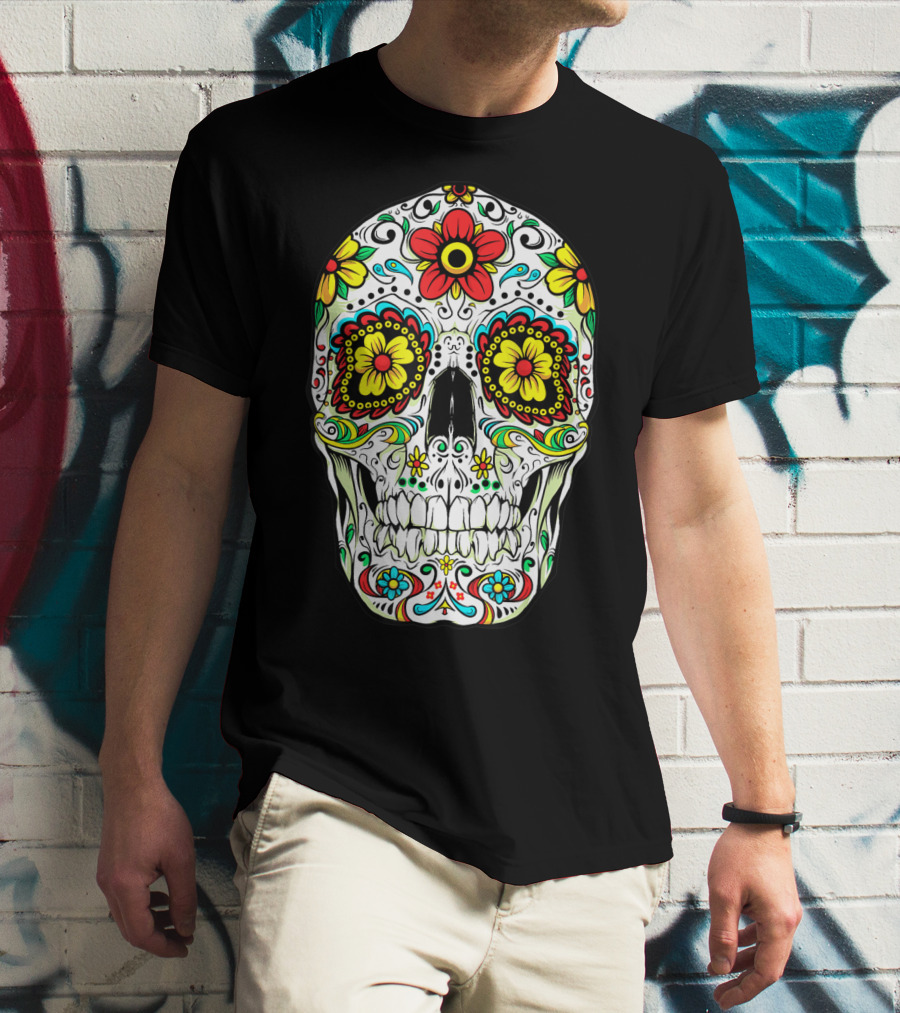 Day Of The Dead Sugar Skull Colorful Flowered Design Cinco De Mayo T-Shirt