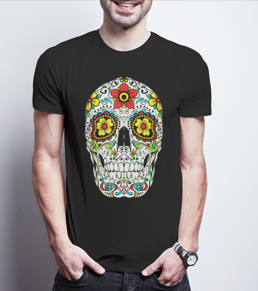 Day Of The Dead Sugar Skull Colorful Flowered Design Cinco De Mayo T-Shirt