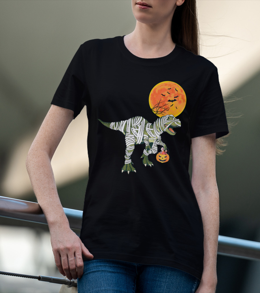 Dinosaur Halloween Mummy With Pumpkin And Full Moon Background T-Shirt