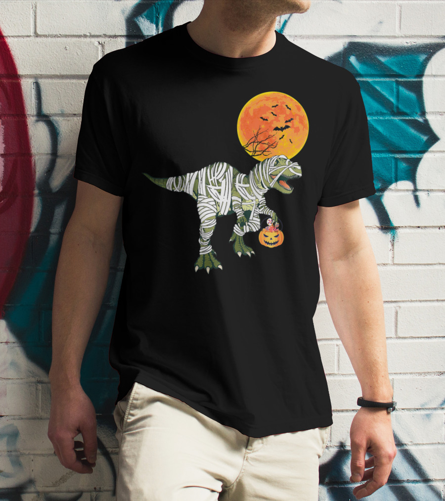 Dinosaur Halloween Mummy With Pumpkin And Full Moon Background T-Shirt