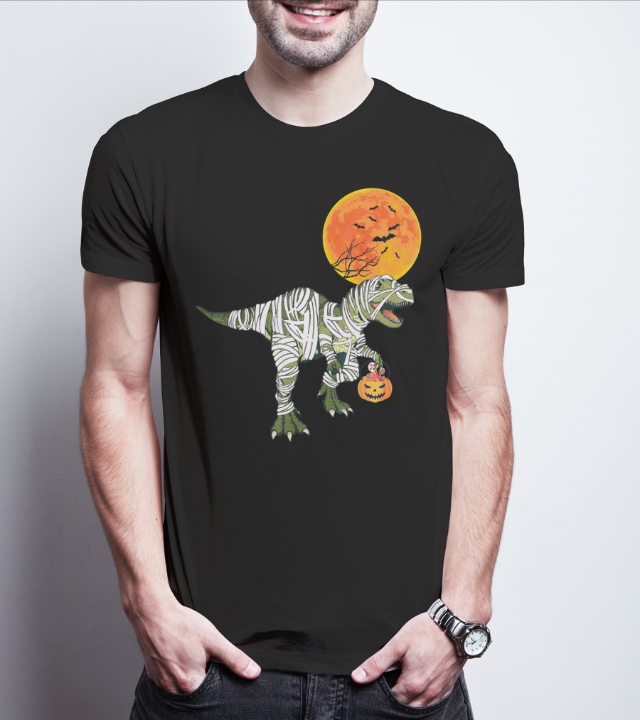 Dinosaur Halloween Mummy With Pumpkin And Full Moon Background T-Shirt