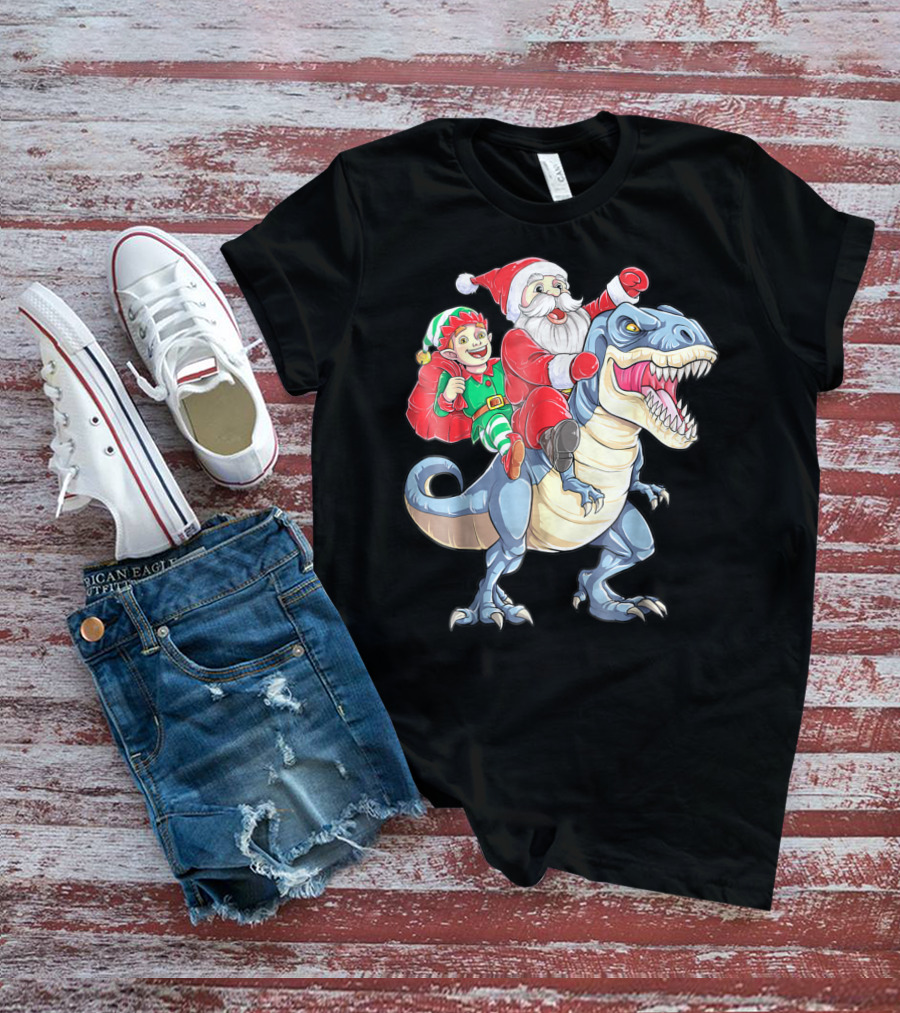 Dinosaur Christmas Santa And Elf Riding T-Rex T-Shirt