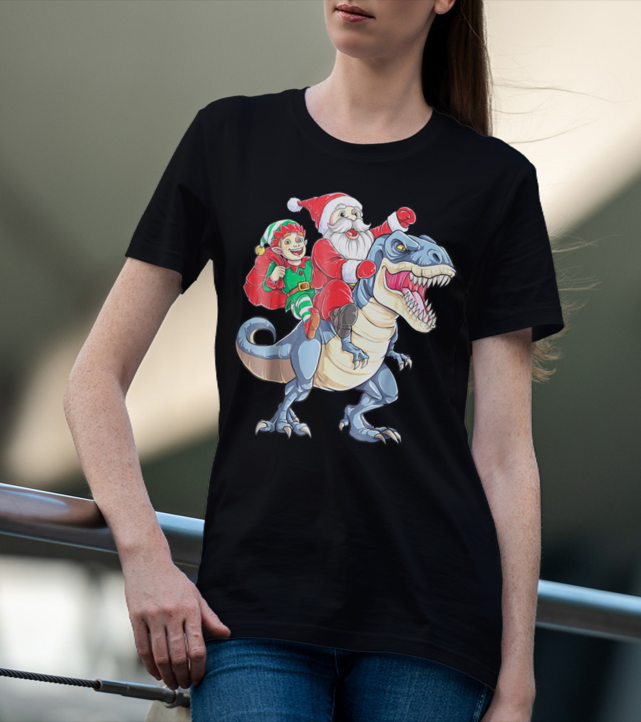 Dinosaur Christmas Santa And Elf Riding T-Rex T-Shirt