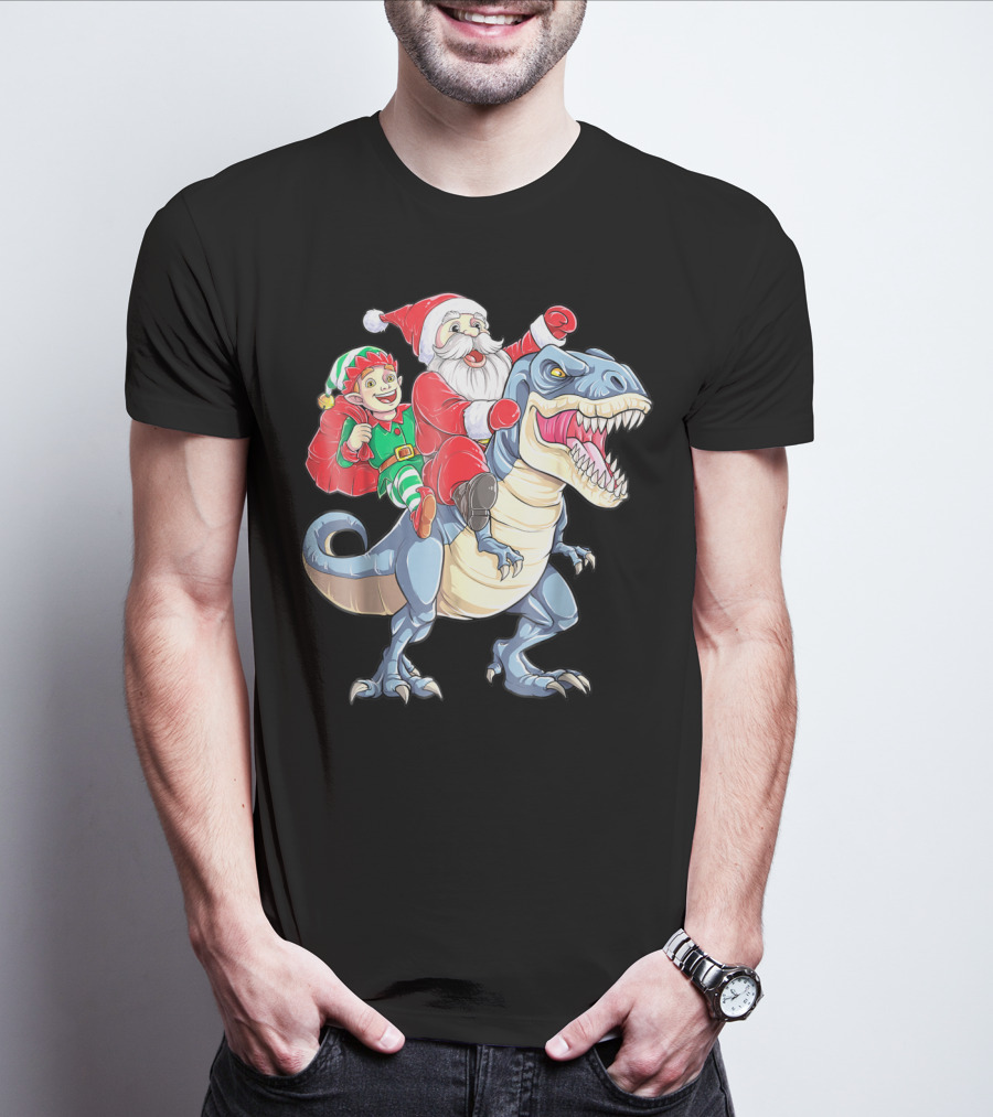 Dinosaur Christmas Santa And Elf Riding T-Rex T-Shirt