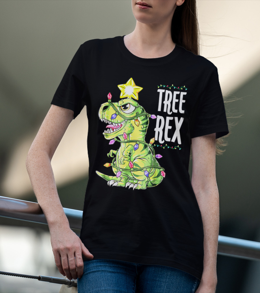 Tree Rex Dinosaur Christmas Lights Boys T-Shirt