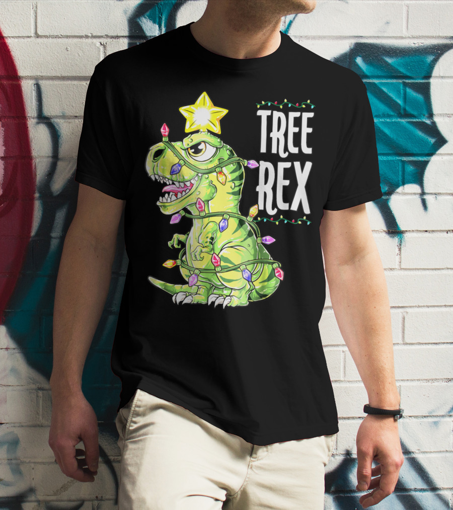 Tree Rex Dinosaur Christmas Lights Boys T-Shirt