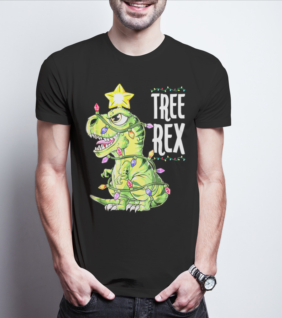 Tree Rex Dinosaur Christmas Lights Boys T-Shirt