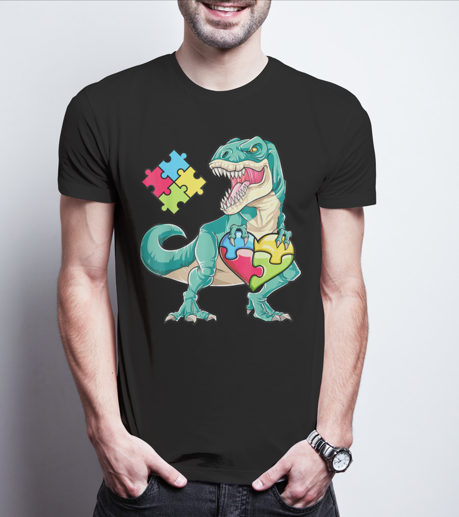 Dinosaur Holding Puzzle Heart Autism Awareness Boys T-Shirt