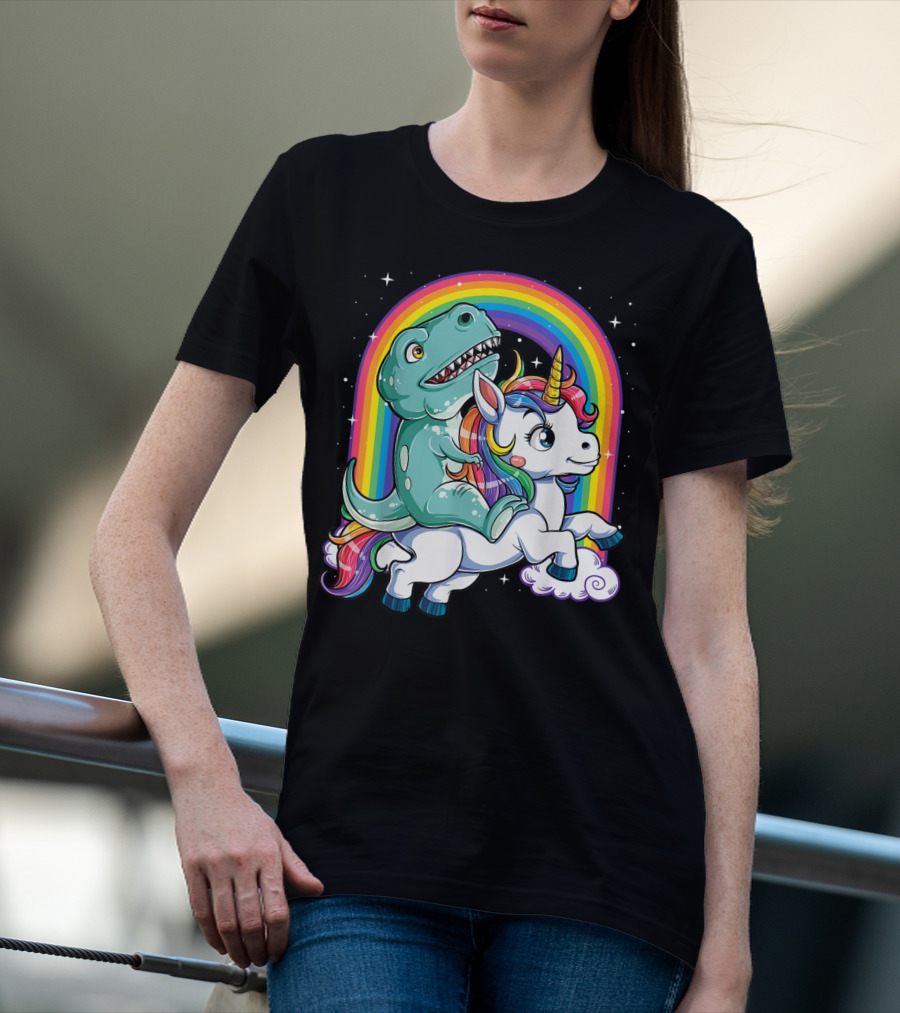Dinosaur Riding Unicorn Rainbow Rex Sparkle Stars Fantasy T-Shirt