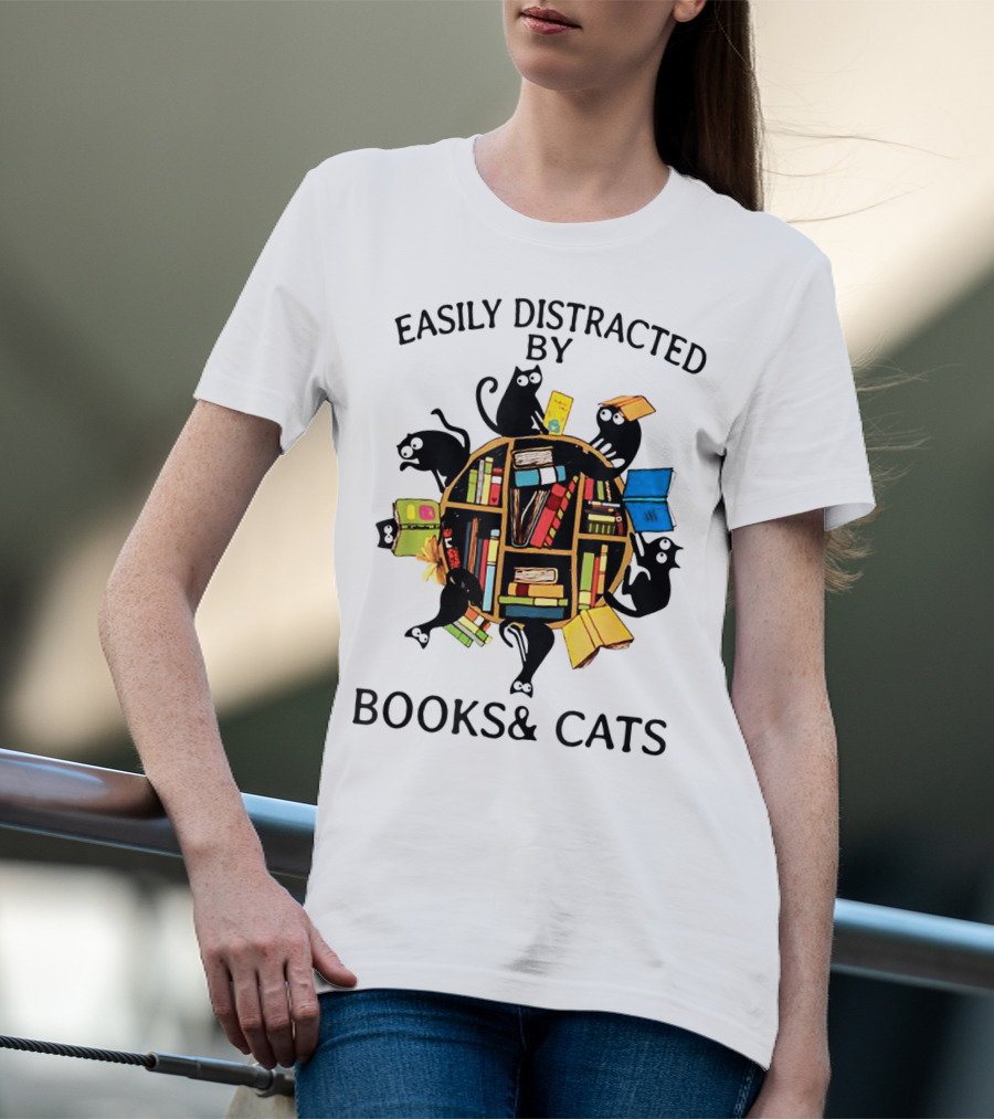 Easily Distracted By Books And Cats With Playful Shelf Cats T-Shirt