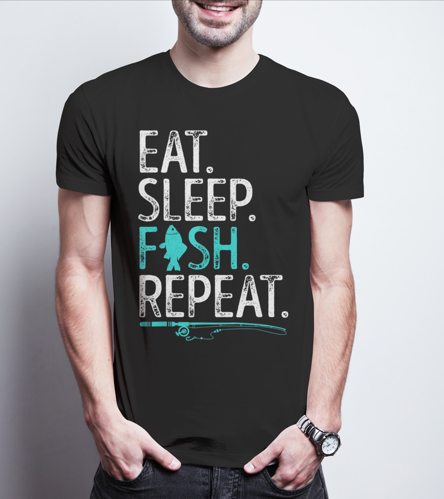 EAT SLEEP FISH REPEAT KIDS FISHING FISHING ROD TEAL FISH T-Shirt