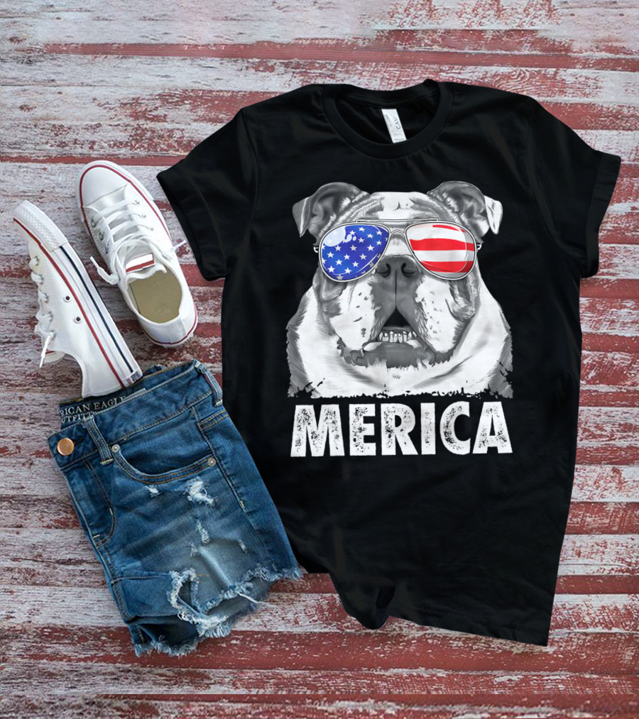 Merica English Bulldog USA Flag Sunglasses T-Shirt