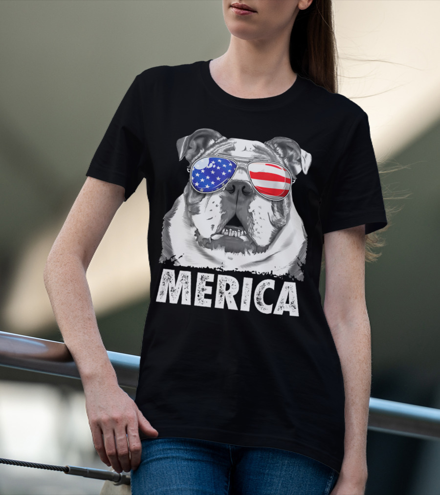 Merica English Bulldog USA Flag Sunglasses T-Shirt