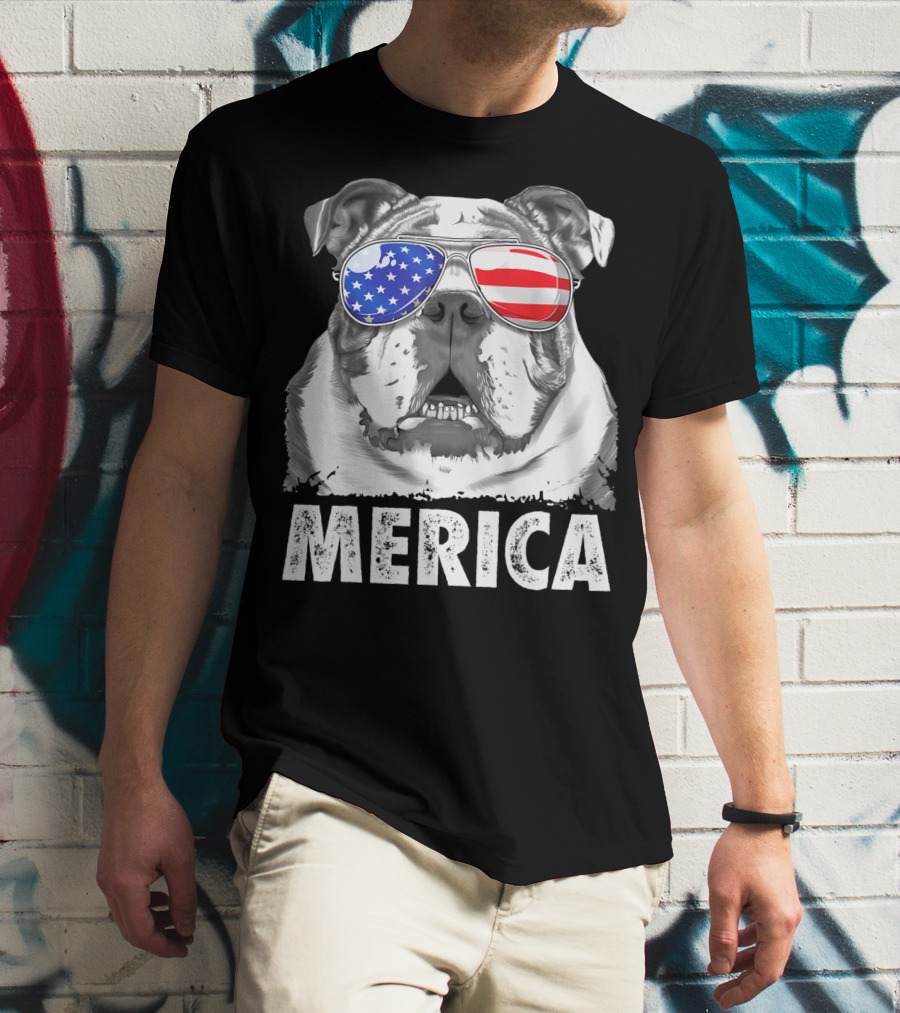 Merica English Bulldog USA Flag Sunglasses T-Shirt