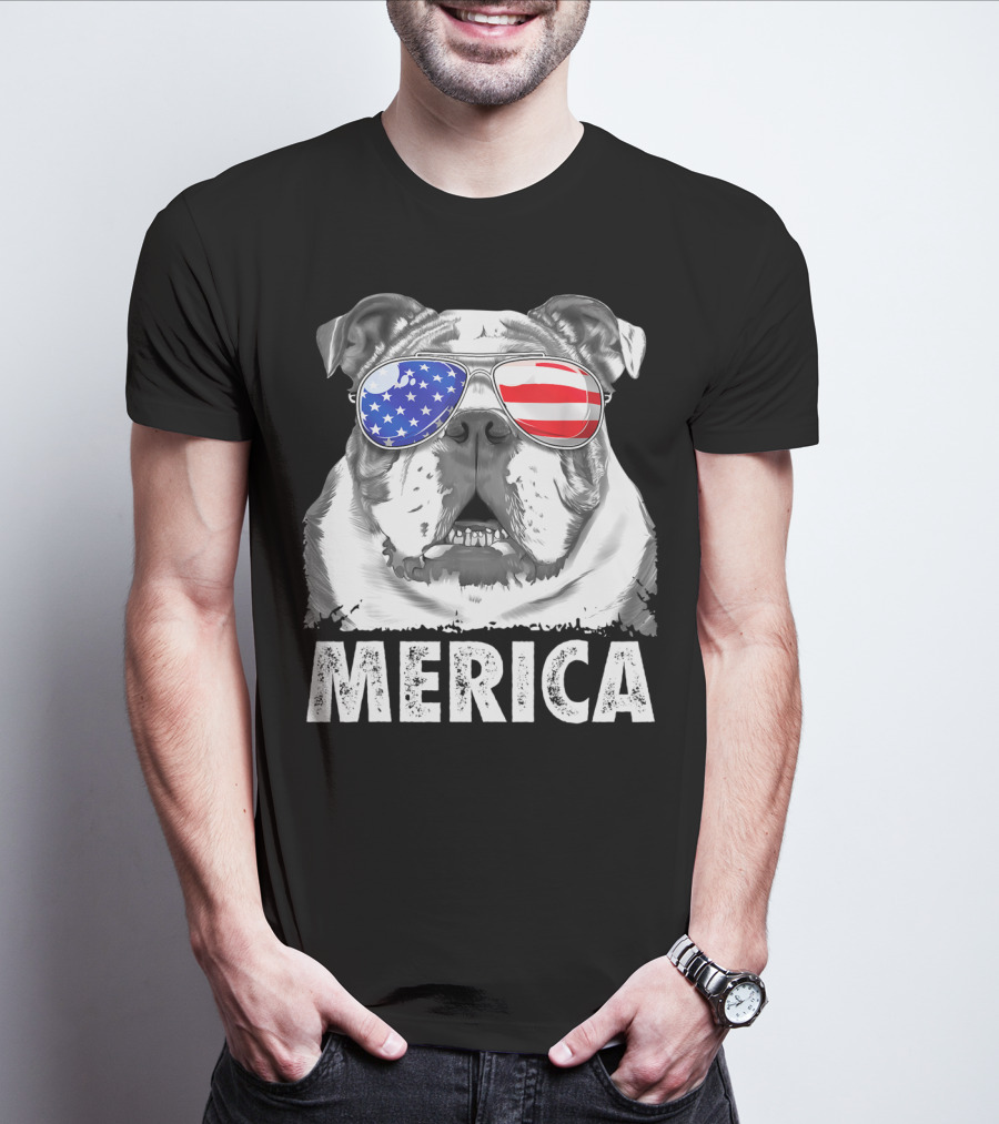 Merica English Bulldog USA Flag Sunglasses T-Shirt