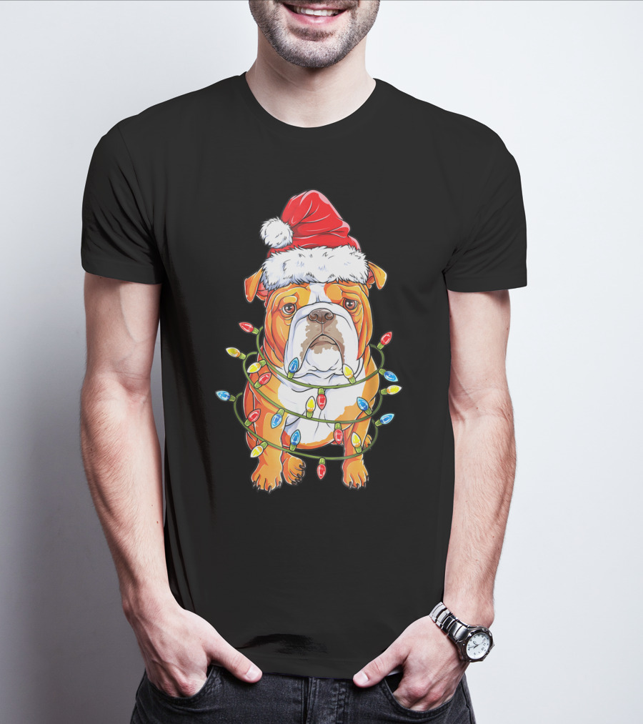 English Bulldog Santa Hat Wrapped In Christmas Lights Holiday Festive Fun T-Shirt